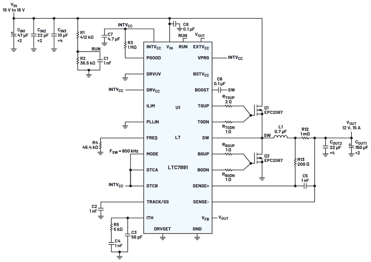 图1 800kHz、15V到36 VIN、12V降压型稳压器提供高达15A的输出