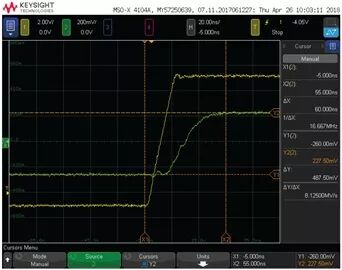 图9.LT6275（CH1-输入、CH2-输出）的建立时间。