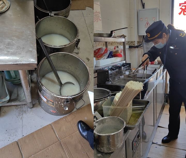 拼版照片。左图为某外卖店场景，右图为市场监管执法人员开展现场检查。刘振坤 摄