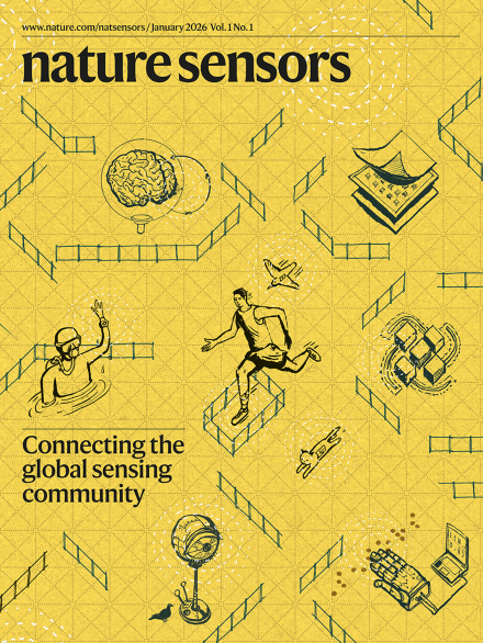 图 1 Nature Sensors 第一期封面图，SuperTac 作为核心元素在封面上进行了展示（右下角）