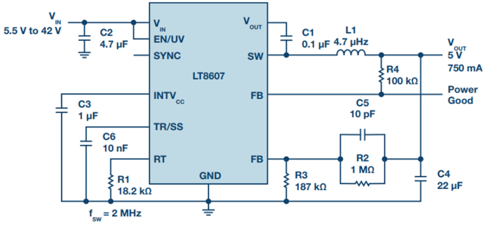 图1. 高效率LT8607 12 V至5 V同步降压型转换器。