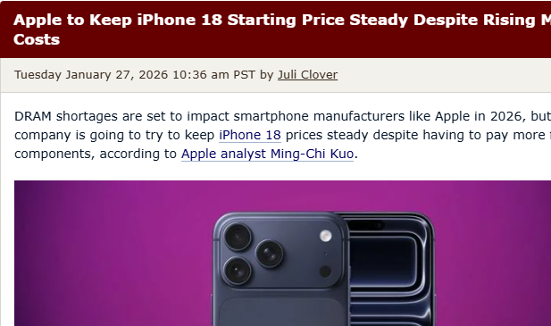 内存成本上涨10%-25%，苹果计划维持iPhone 18起售价