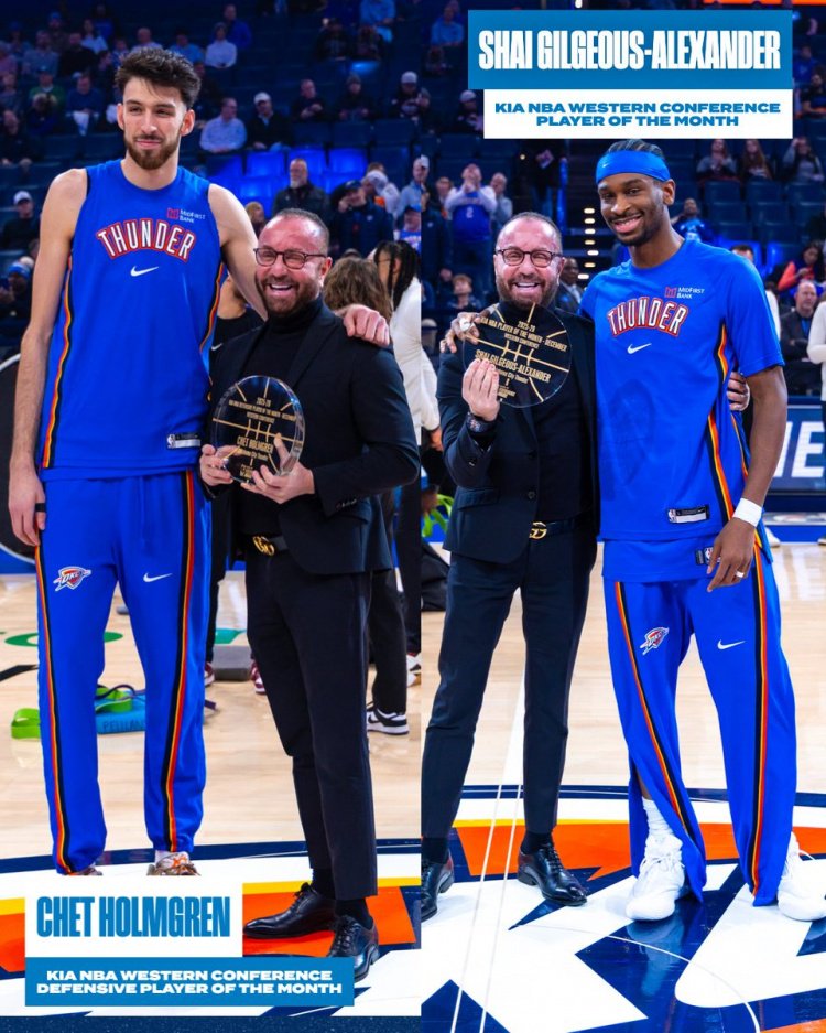 攻防领袖！SGA与切特赛前领取了12月月最佳和月最佳防守球员奖杯