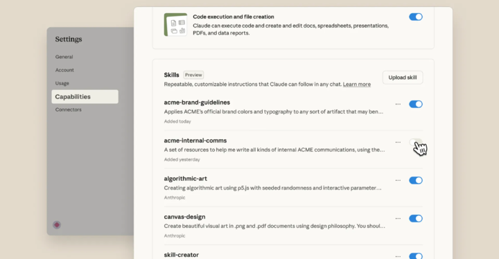 ▲Claude 提供的 Skills 选择，不同的 Skill 能直接解决对应的问题