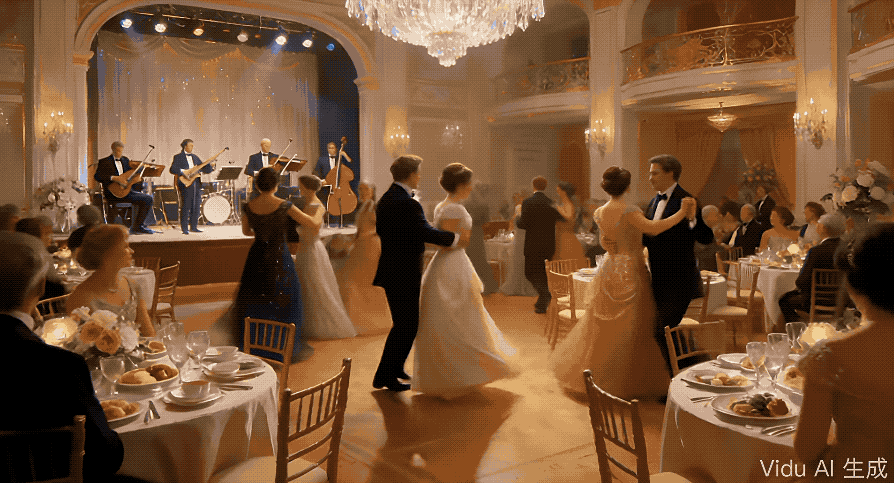 ▲组合公式：@豪华宴会厅变成@恐怖惊悚的氛围，采用@左右摇晃的运镜，整体是@悬疑电影风格
