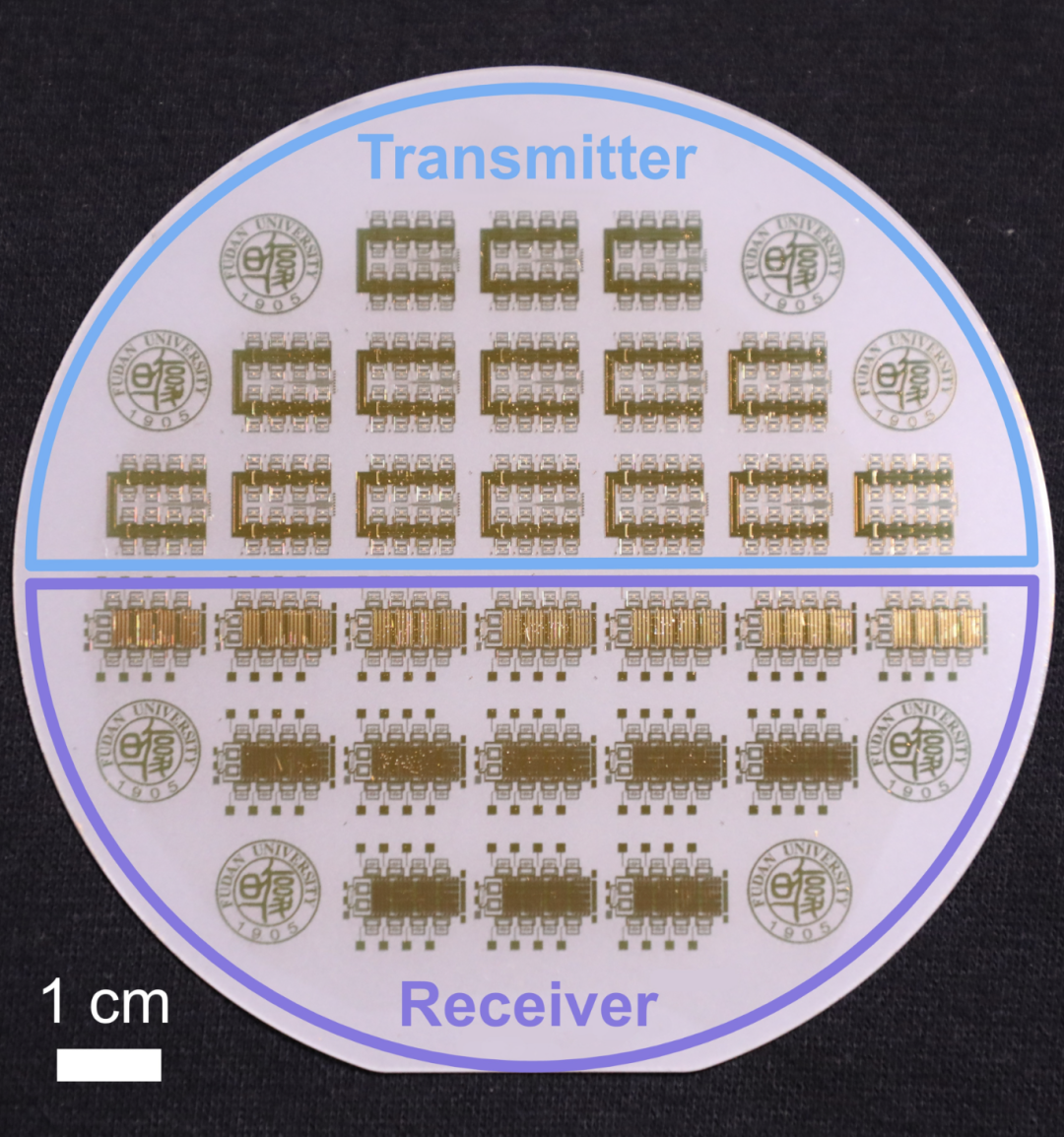 “青鸟”系统使用的4英寸原子层半导体抗辐射射频通信芯片。图片来源：复旦大学