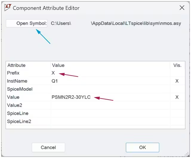 图 6.设置器件符号的前缀和参数值，关联至.SUBCKT 模型