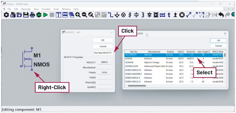 图1. 使用 LTspice 组件库中的 NMOS 模型。