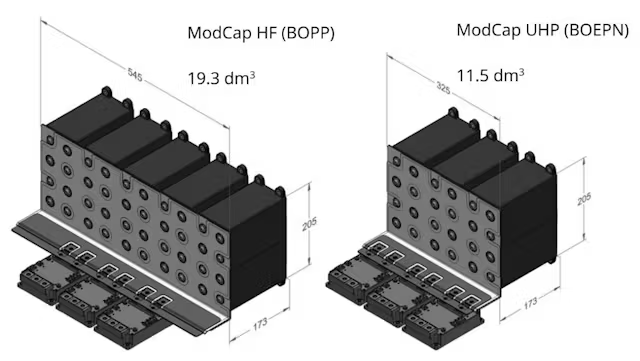 图 8：相同电容、电压、电流要求下的有限元仿真结果：ModCap HF（左）、ModCap UHP（右）