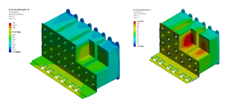 图 7：相同电容、电压、电流要求下的有限元仿真结果：ModCap HF（左）与 ModCap UHP（右）