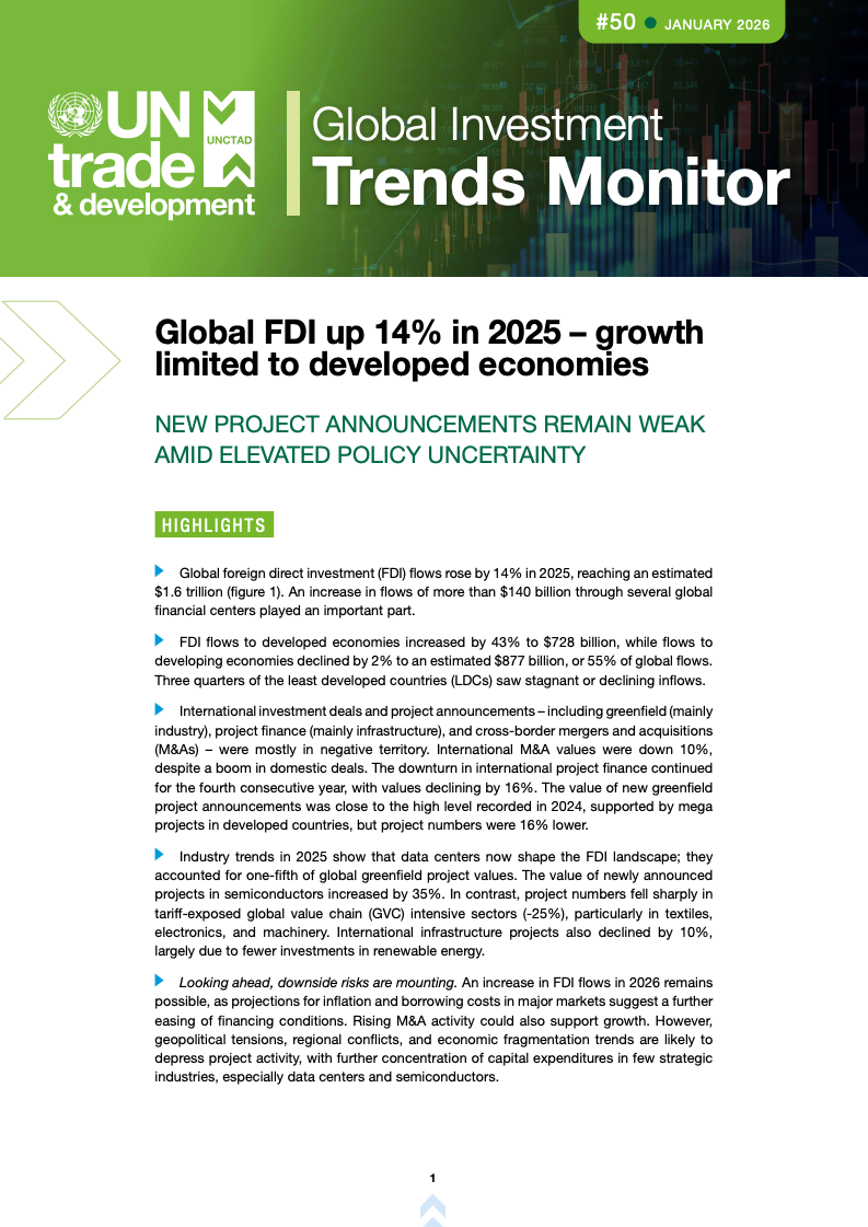 UNCTAD：2026年1月全球投资趋势监测报告