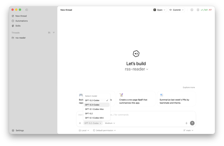 ▲ 在 Codex App 内可以直接选择 GPT-5.3-Codex 模型，也能选择深度思考的强度