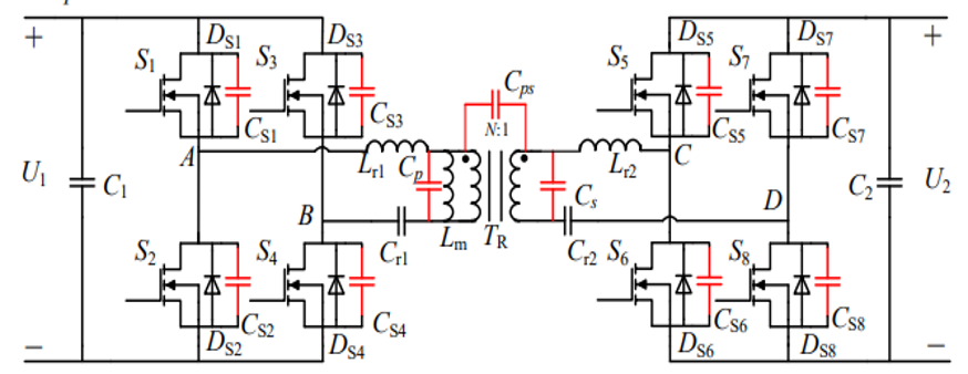 图 2 具备寄生电容器的全桥 CLLLC 转换器的电路拓扑。