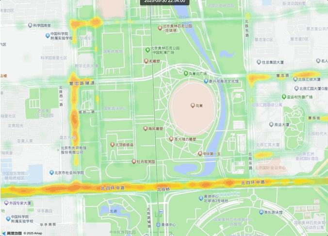 △演唱会前后鸟巢的交通流量变化，图源：高德技术