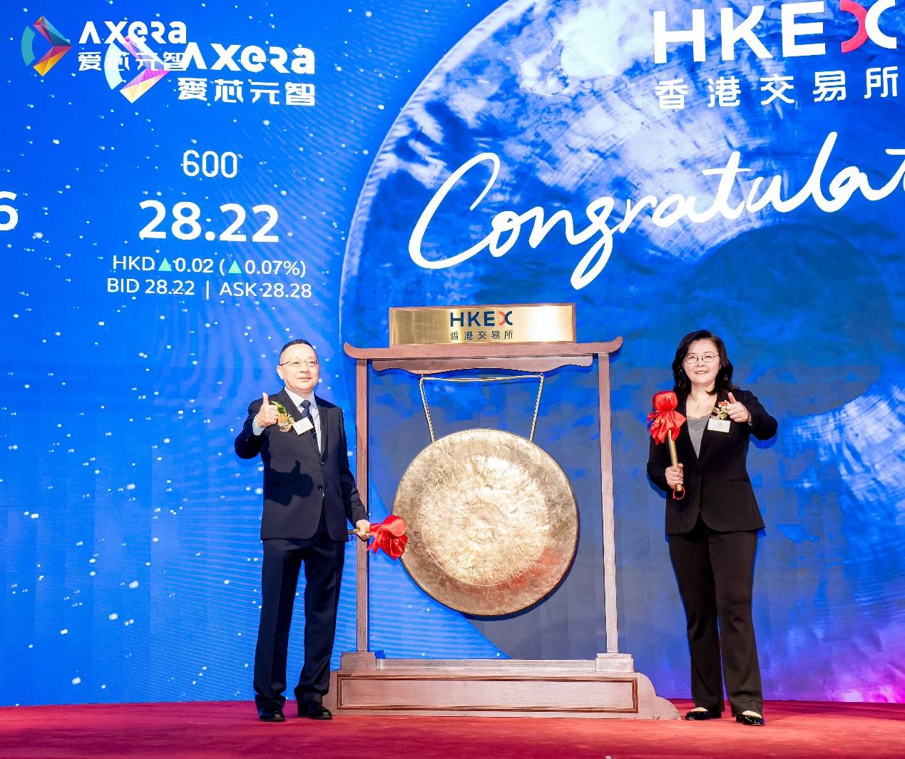 爱芯元智创始人、董事长仇肖莘博士（右）与爱芯元智首席执行官孙微风（左）现场敲钟