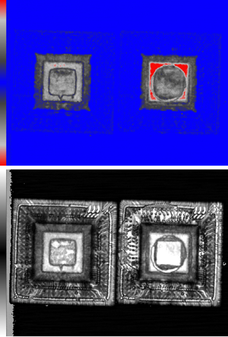 图5：堆叠模具中，2号模具与基板之间的分层声学成像检测。来源：Nordson 测试与检验