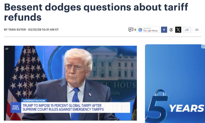 △《国会山报》报道，美国财长贝森特在接受CNN采访时，回避了对于关税退款的问题