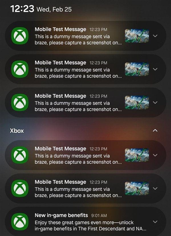 通知内容一致显示为：“这是一条通过Braze发送的测试消息，收到后请截图，这应将你导向新添加的剪辑库。”