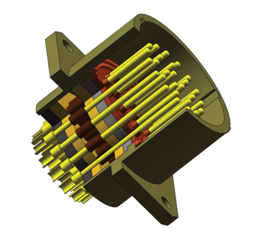 图2 圆形连接器的剖视图展示了由坚固机械外壳保护的高密度滤波引脚阵列，可在极端环境下同时提供EMI 抑制与物理耐用性。