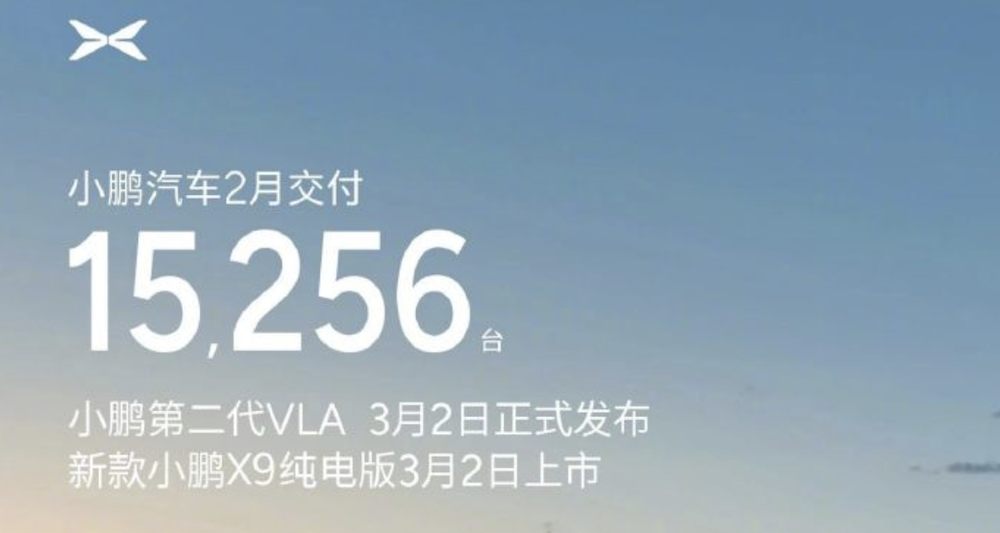 ▲小鹏汽车2026年2月交付量