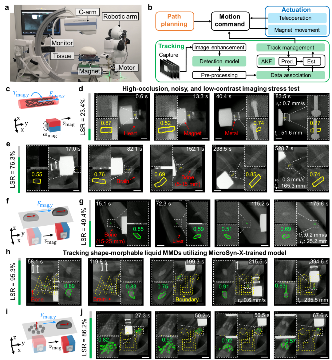 合成数据驱动的视觉模型与磁驱和x光影像系统的软硬件结合，实现复杂环境下微型医疗器械的鲁棒追踪与控制