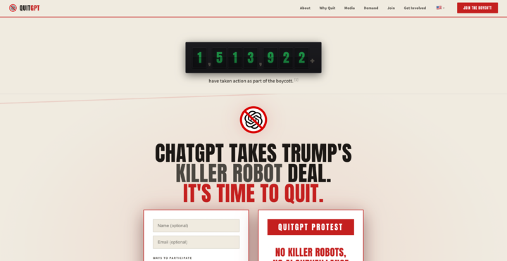▲QuitGPT 官网，显示有超过 150 万用户登记已经采取了抵制行动｜https://quitgpt.org/