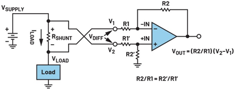 图5.使用差动放大器放大精密差模信号。 