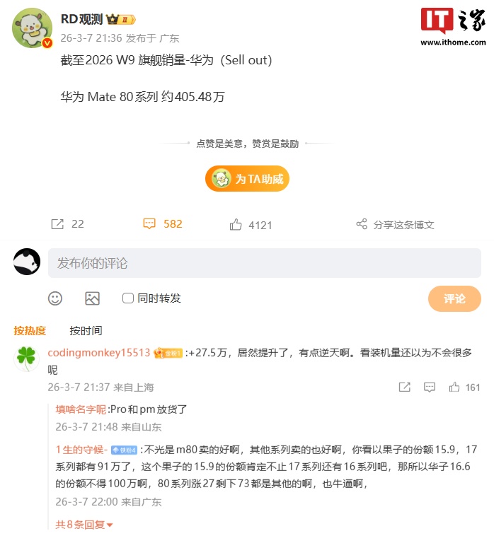 突破 400 万大关：消息称华为 Mate 80 系列旗舰手机销量约 405.48 万台