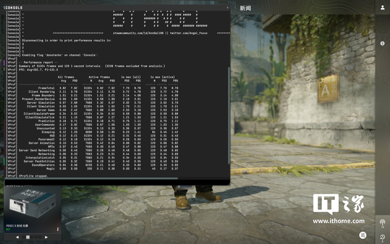 首先是网游表现，在《CS2》中以 1200P 分辨率 + 低画质预设运行创意工坊测试地图：