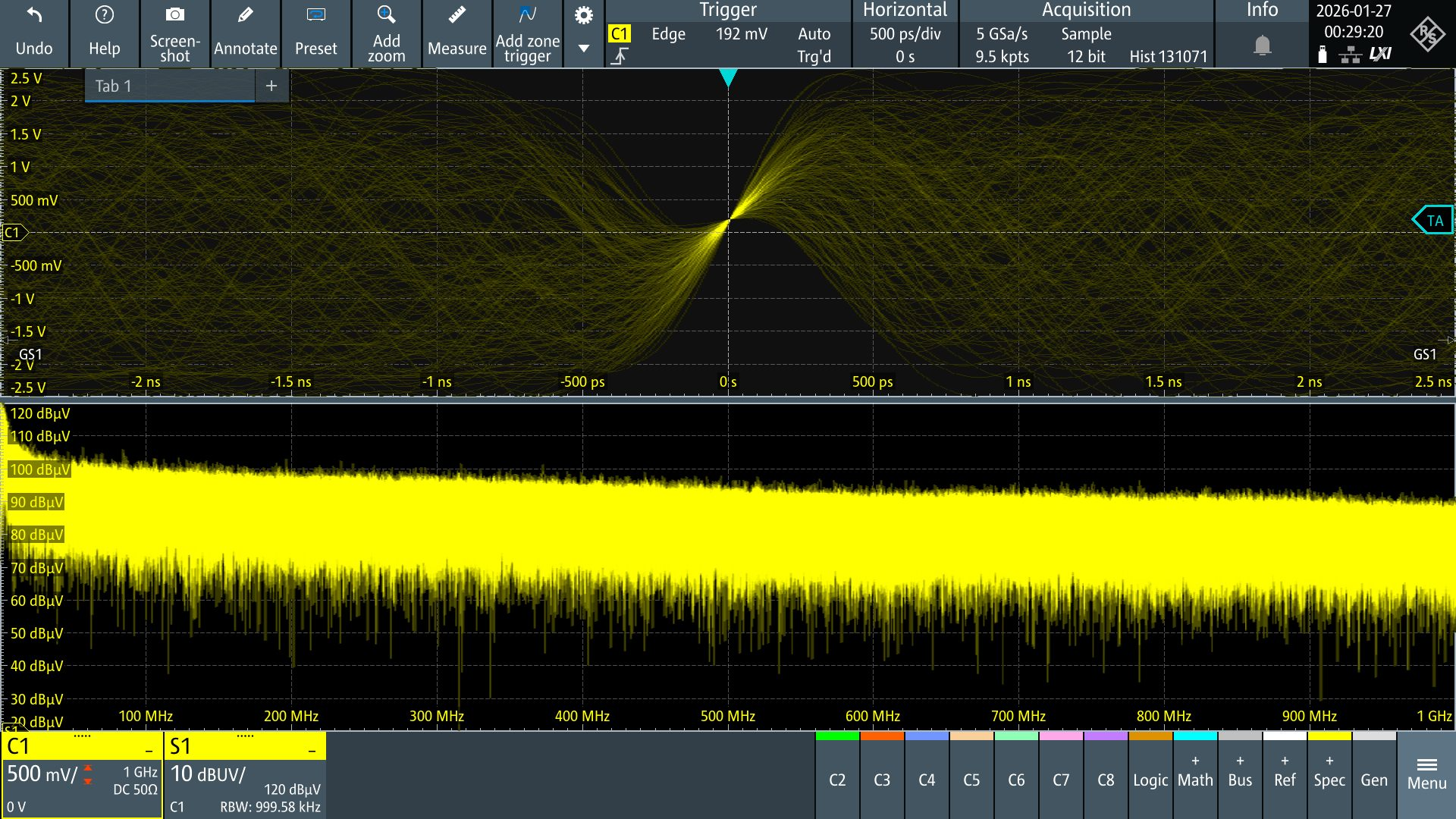 图 2. 示波器显示宽带噪声电压与频谱响应（图片来源：肯尼斯・怀亚特）