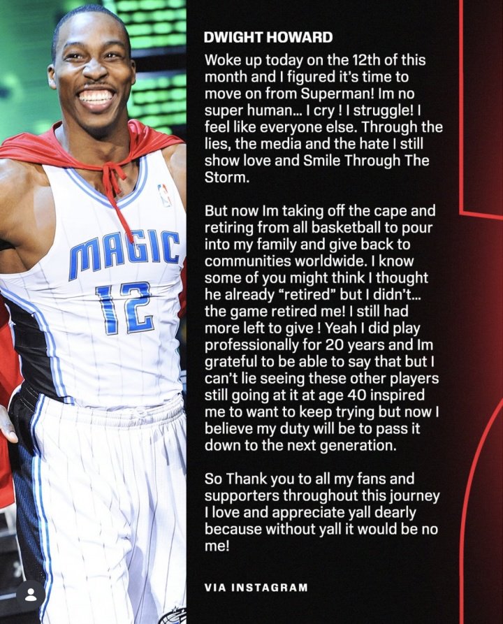 超人脱下战袍！魔兽霍华德长文宣布退役&结束20年篮球职业生涯