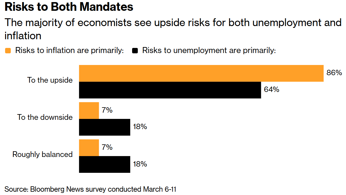 大多数经济学家认为失业率和通胀都存在上行风险
