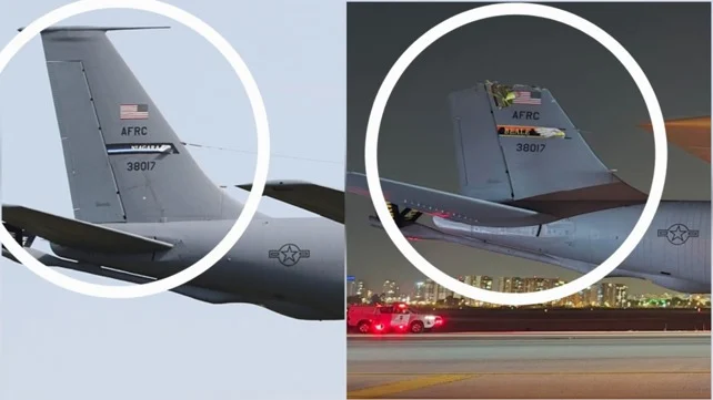 △现场照片显示加油机尾翼受损，部分结构缺失