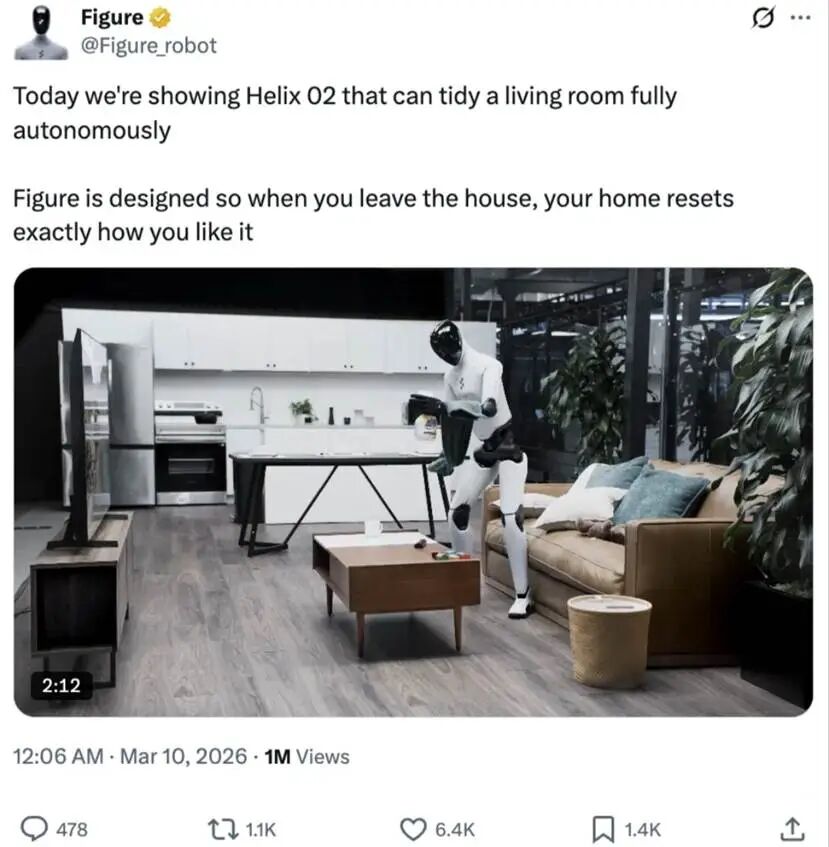 图：Figure发布机器人自主打扫客厅视频来源：Figure官方账号