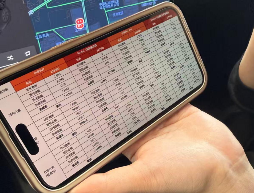 （特斯拉销售做的两款车金融政策对比图，图源：21世纪经济报道现场拍摄）