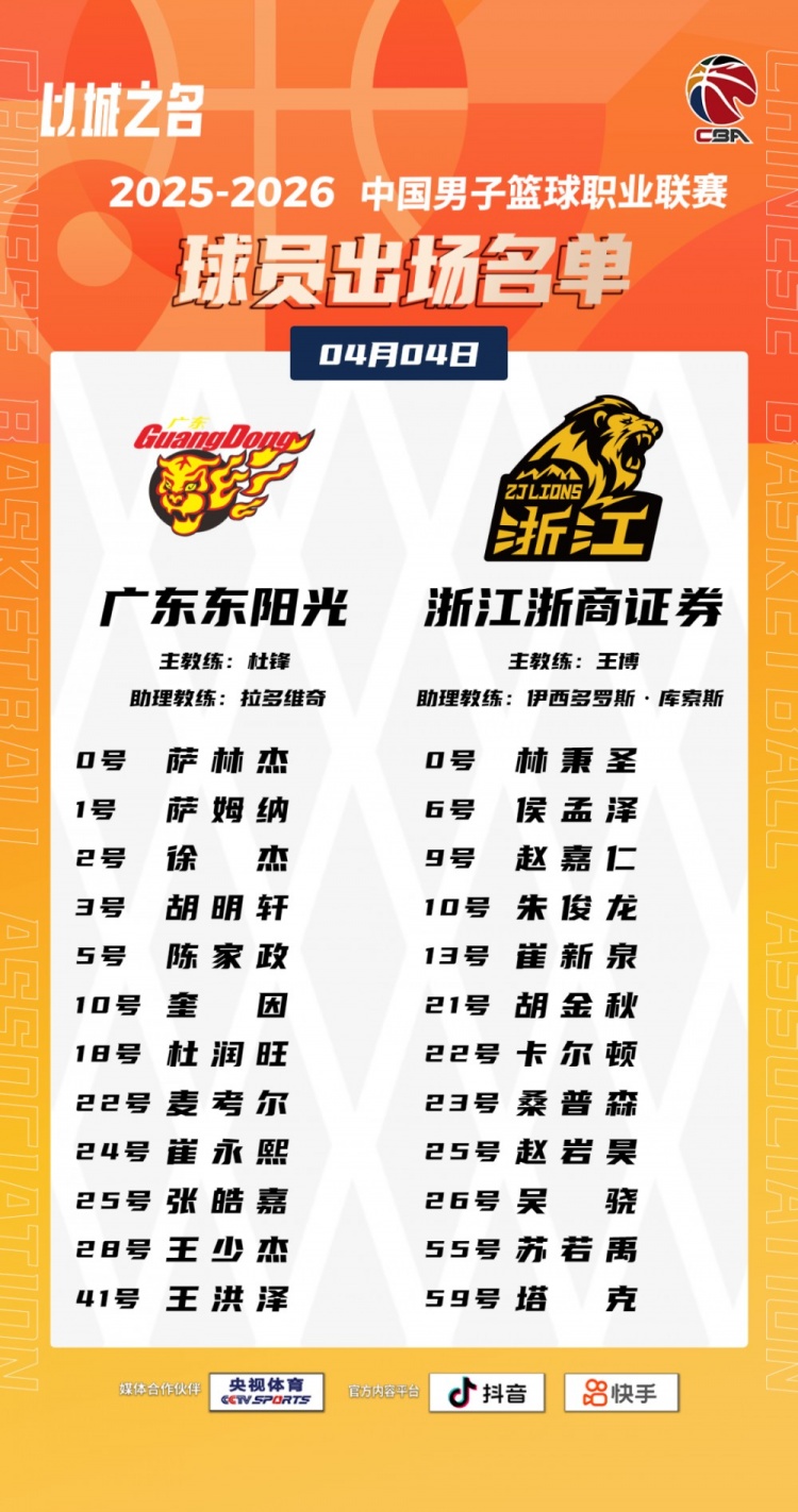 广东VS广厦名单：徐杰胡明轩崔永熙胡金秋领衔 朱俊龙赵嘉仁在列