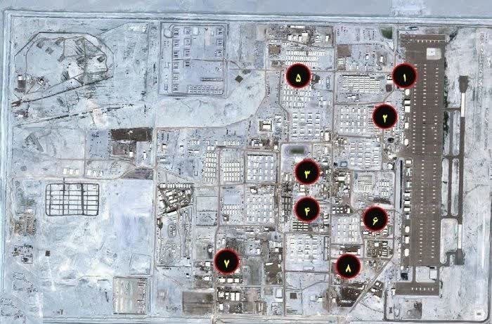 △伊朗军队发布的美军乌代里直升机基地遭打击后卫星图像