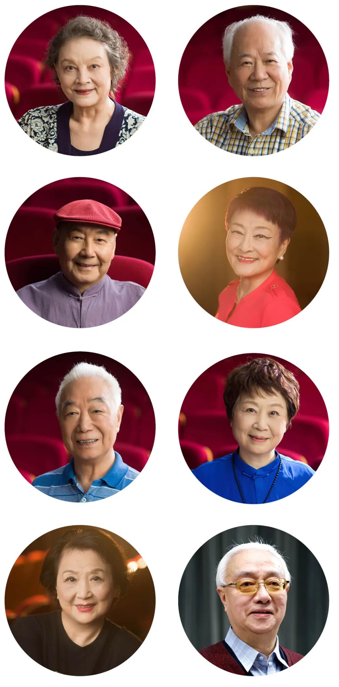 从左至右，从上至下：王芝泉、方洋、计镇华、张洵澎、张铭荣、岳美缇、梁谷音、蔡正仁（按姓氏笔画排序）
