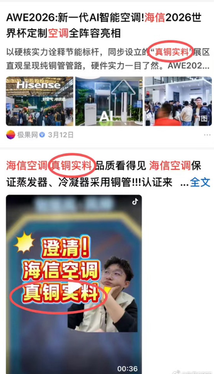 朱磊列举的海信空调使用“真铜实料”宣传图片&nbsp; 图片着手：朱磊个东说念主微博