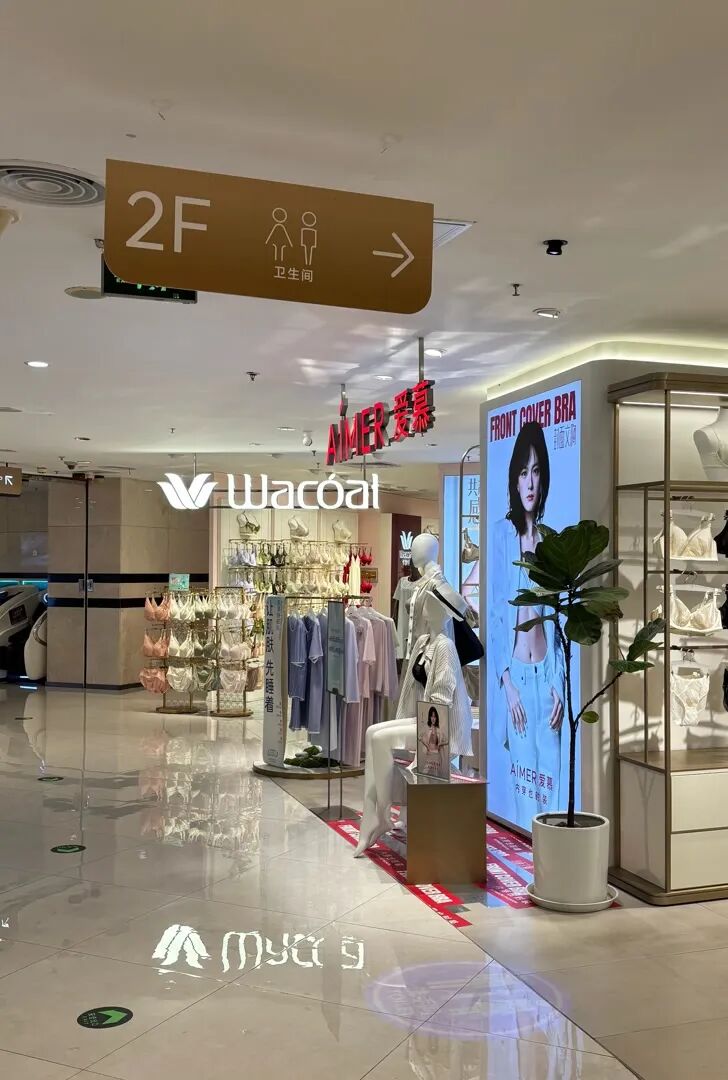 崇文门新世界百货商场北楼二层的卫生间指示牌，指向内衣店内。