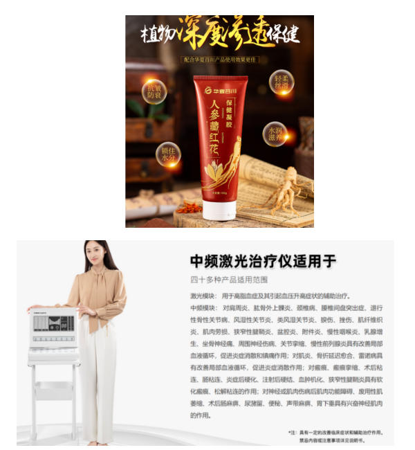 　　图为华夏百川宣传产品具备“防衰抗皱”“辅助治疗多项疾病”等功效作用
