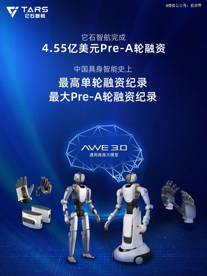 首发|4.55亿美金，它石智航Pre-A轮融资创中国具身智能最大单笔纪录