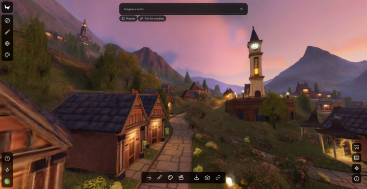 ▲World Lab 生成界面，提示词：吉卜力风格的山间小镇，黄昏