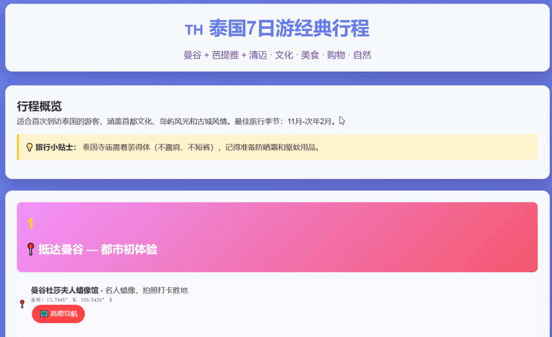 ▲智东西用该模型接入类OpenClaw产品生成泰国7日游攻略网站