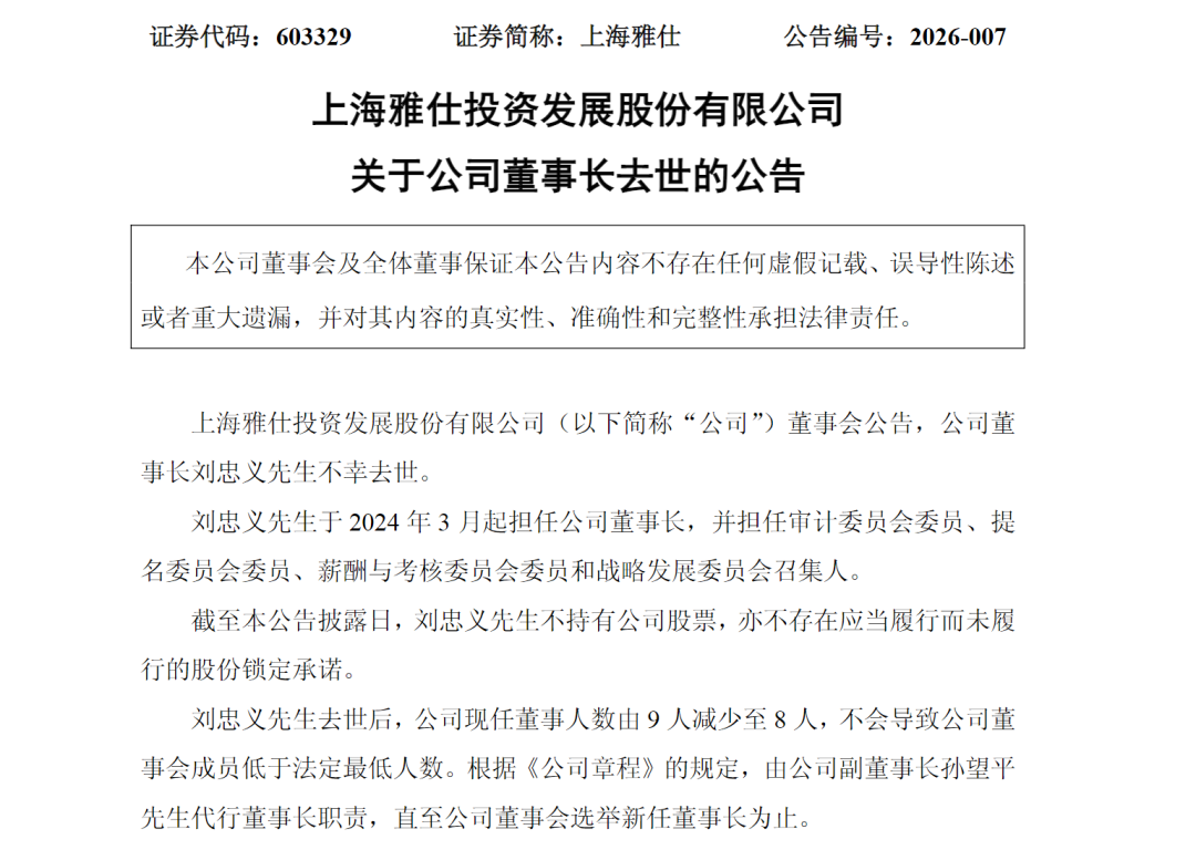 603329董事长不幸去世，年仅58岁