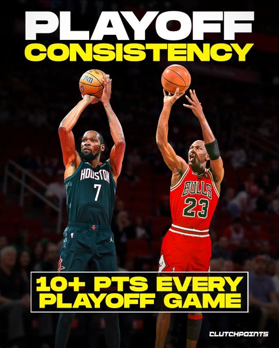 杜兰特生涯171场季后赛全部得分上双 仅次于乔丹的179场