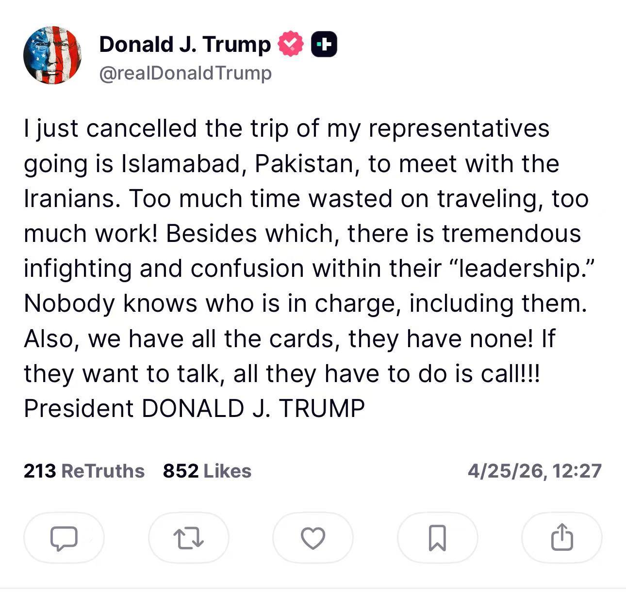 △美国总统特朗普在社媒发帖