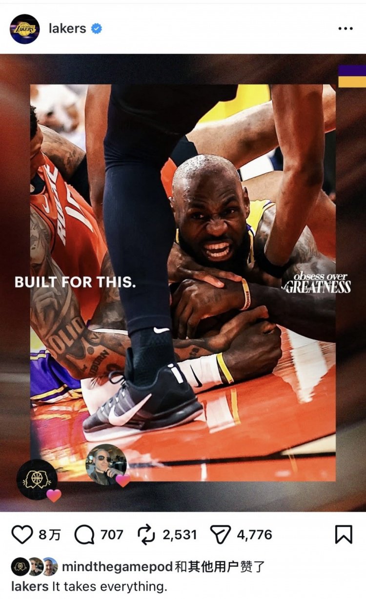 奋不顾身！湖人官推晒詹姆斯G3加时赛倒地拼抢照：倾其所有