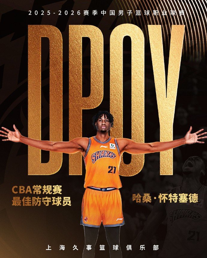 上海官博：稳定的篮板贡献&强悍的护筐能力 恭喜怀特塞德荣膺DPOY