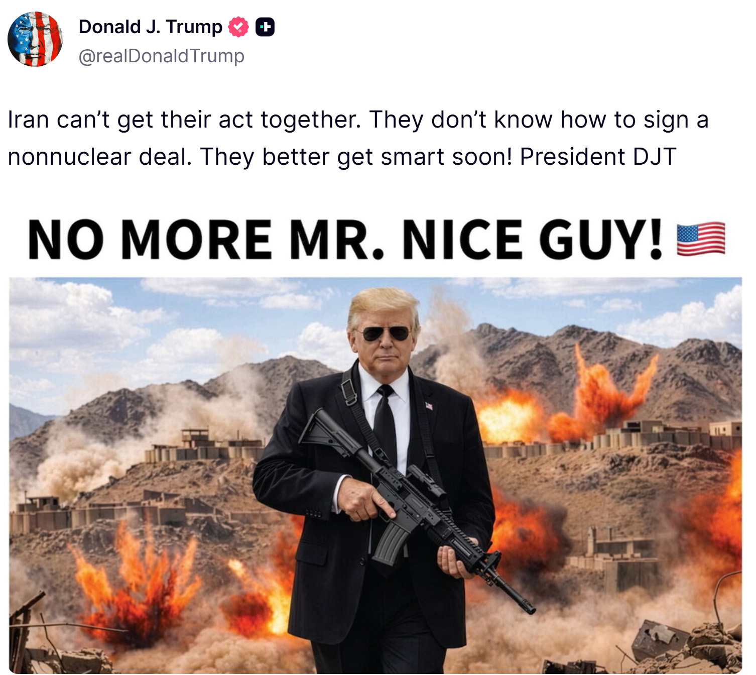特朗普发本人持枪图，威胁伊朗“放聪明点”：不再有好好先生